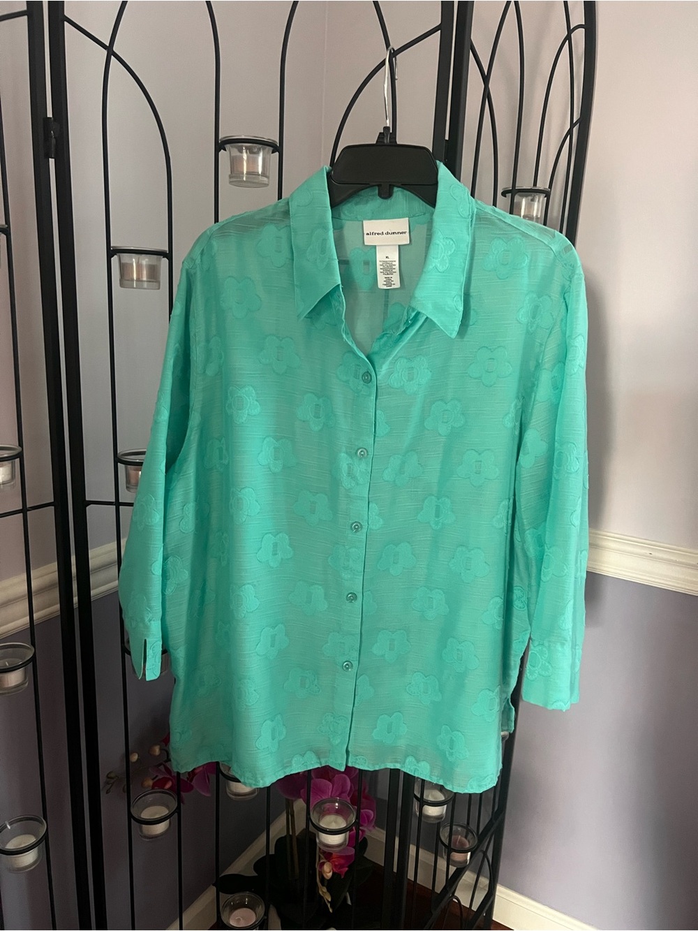 Alfred Dunner Turquoise Button-Front Floral Jacquard Shirt